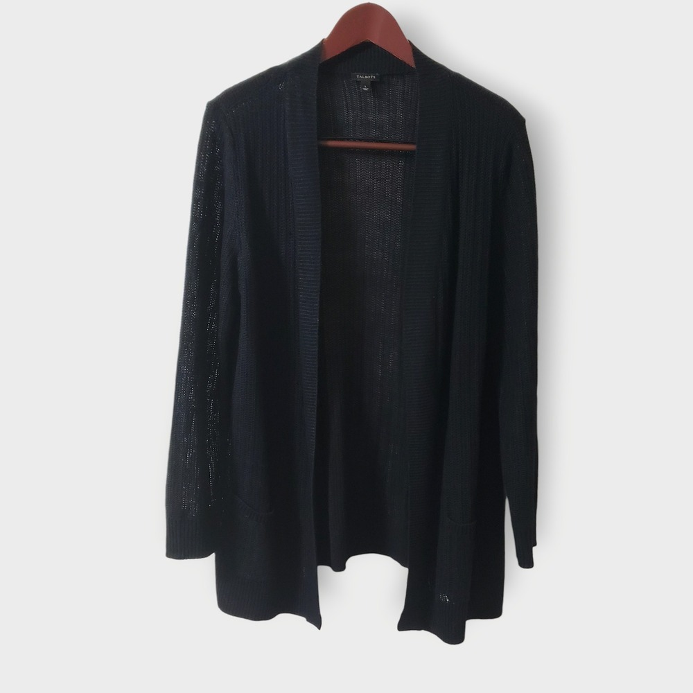 Talbots Womens Black 100%‎ Linen Open Front Knit Cardigan Sweater Size L